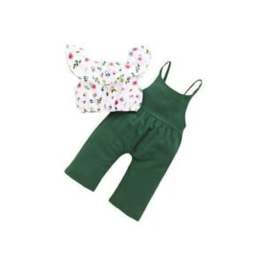 1-5Y-Kid-Girls-Ditsy-Floral-Blouse-Crop-Tops-Green-Cotton-Bib-Pants